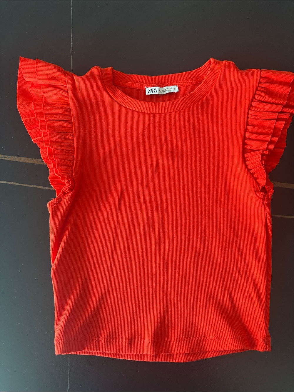 Zara Bright orange Ribbed cropped top with Ruffle Sleeves.